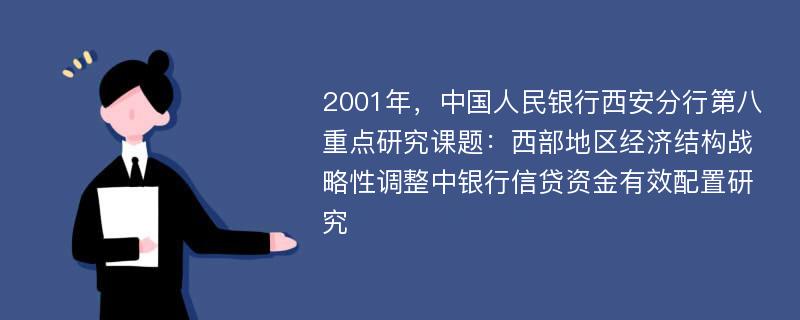 2001年，中国人民银行西安分行第八重点研究课题：西部地区经济结构战略性调整中银行信贷资金有效配置研究